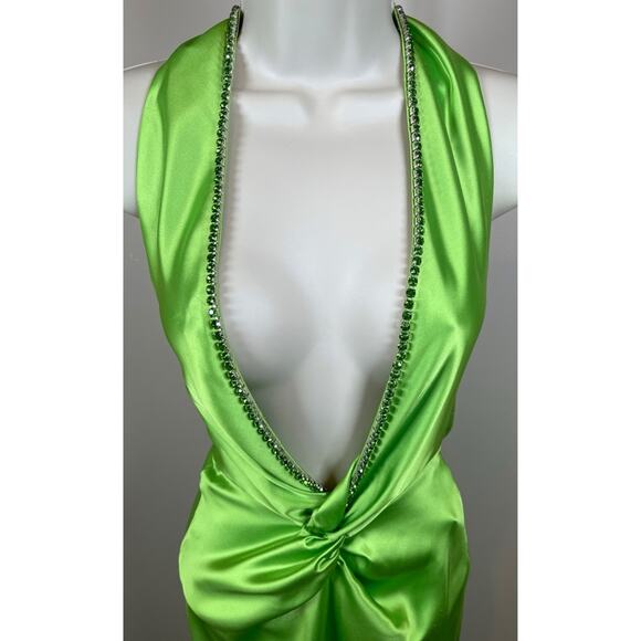 KHANUMS Halter Neck Crystal Embellished Deep V Pear Green Maxi Gown Size XS - Picture 4 of 16
